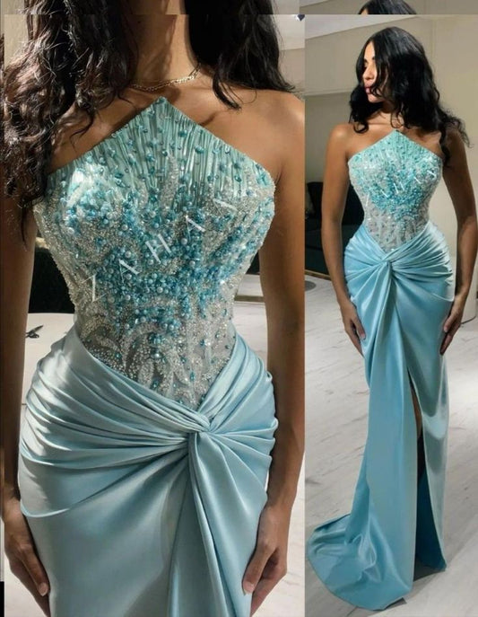 Mermaid Blue Off-the-shoulder Irregular Neck Beaded Satin Slit Long Ball Gown TP1761