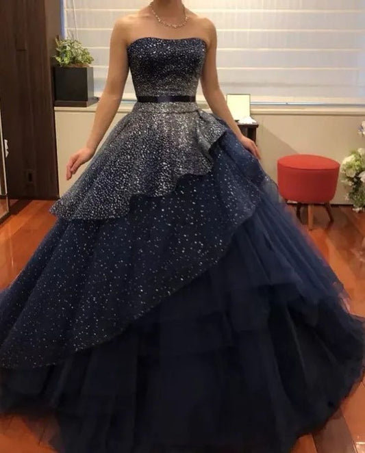 Navy A-Line Tulle Silver Beaded Sequin Strapless Evening Gown TP1763