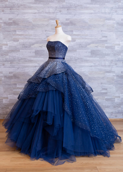 Navy A-Line Tulle Silver Beaded Sequin Strapless Evening Gown TP1763