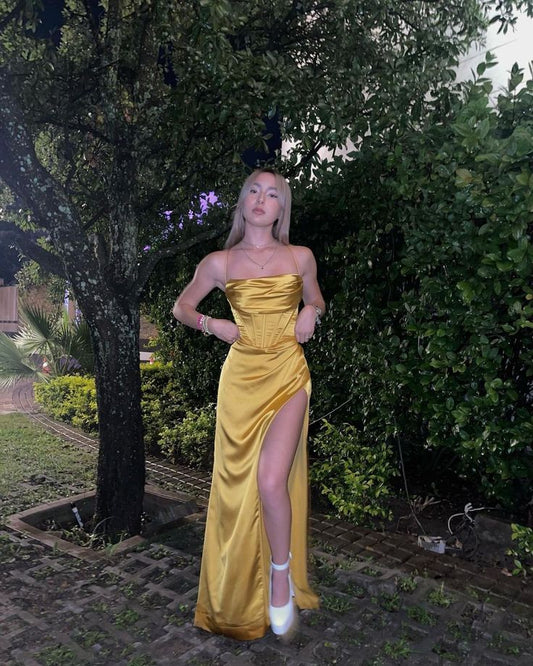 Yellow spaghetti strap sleeveless satin high slit evening dress TP1765