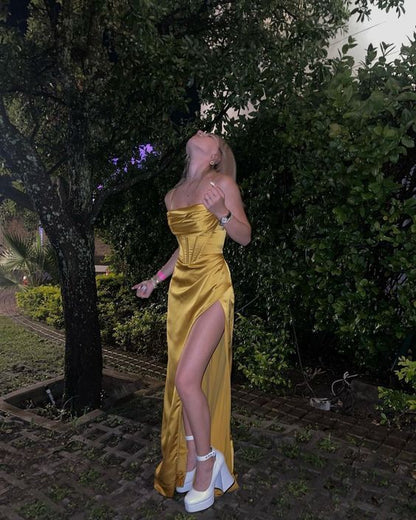 Yellow spaghetti strap sleeveless satin high slit evening dress TP1765