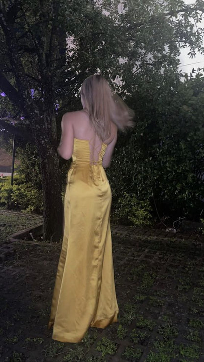 Yellow spaghetti strap sleeveless satin high slit evening dress TP1765