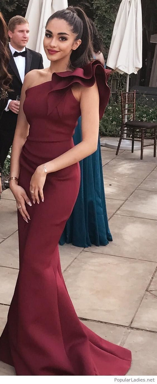 Elegant Burgundy Mermaid Satin One Shoulder Ball Gown TP1770