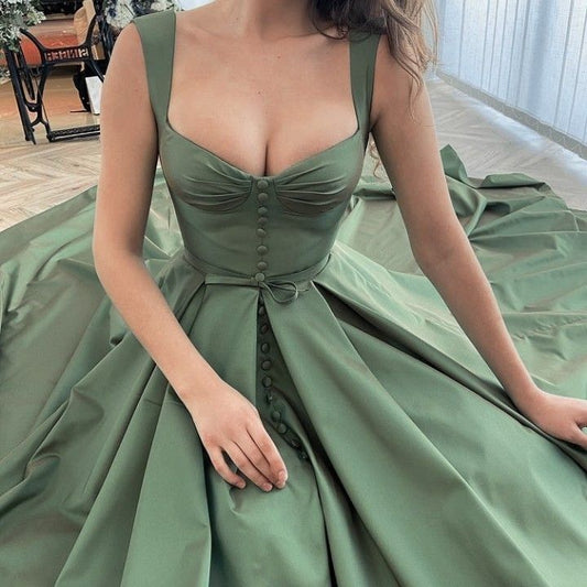 Elegant Green A-line Strap Satin Long Evening Gown Ball Gown TP1771