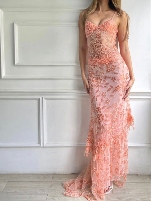 Pink Spaghetti Strap Lace Gorgeous Mermaid Evening Dress TP1774