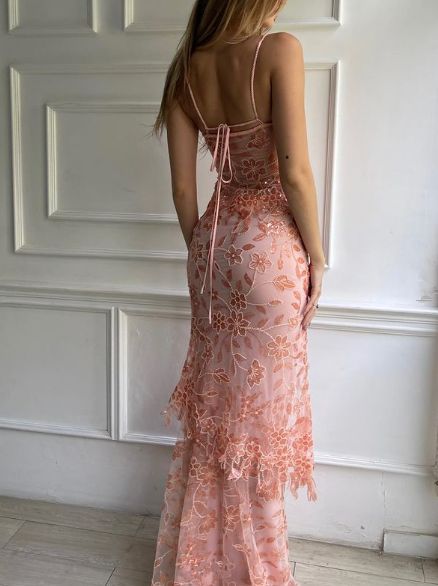 Pink Spaghetti Strap Lace Gorgeous Mermaid Evening Dress TP1774