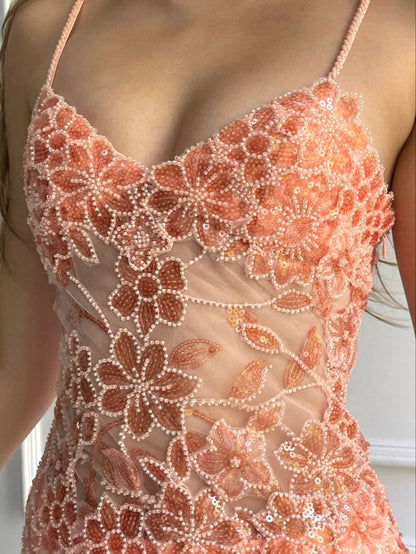 Pink Spaghetti Strap Lace Gorgeous Mermaid Evening Dress TP1774