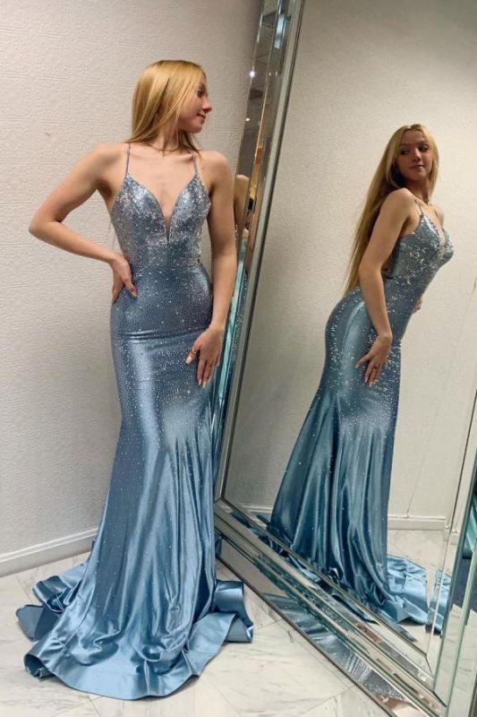 Blue V-neck mermaid sequined satin lace-up long ball gown evening dress TP1779