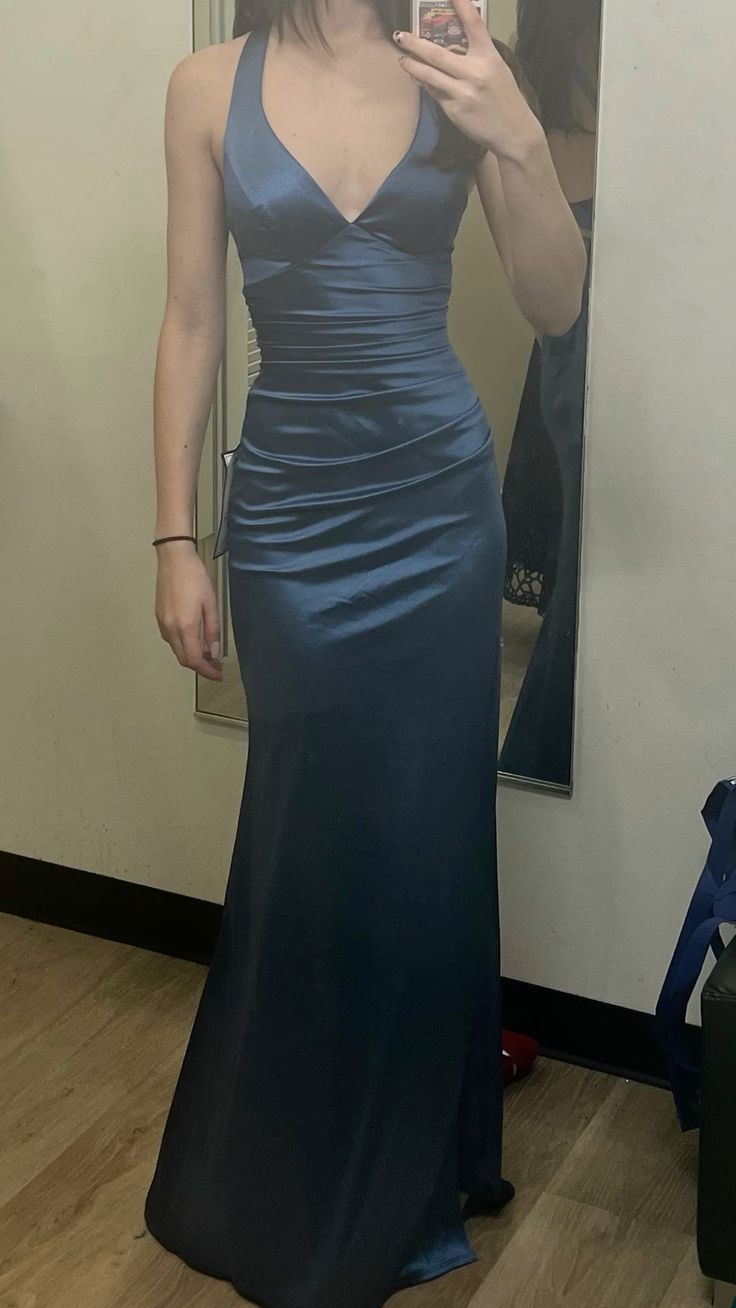 Navy Blue Deep V Neck Halter Neck Satin Mermaid Long Evening Gown Ball Gown TP1786