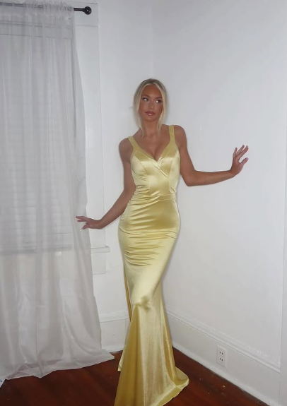 Yellow mermaid deep V-neck straps silk long evening gown ball gown TP1792