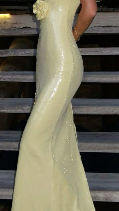 Simple V-neck yellow 3D flower mermaid ankle-length dress TP1795