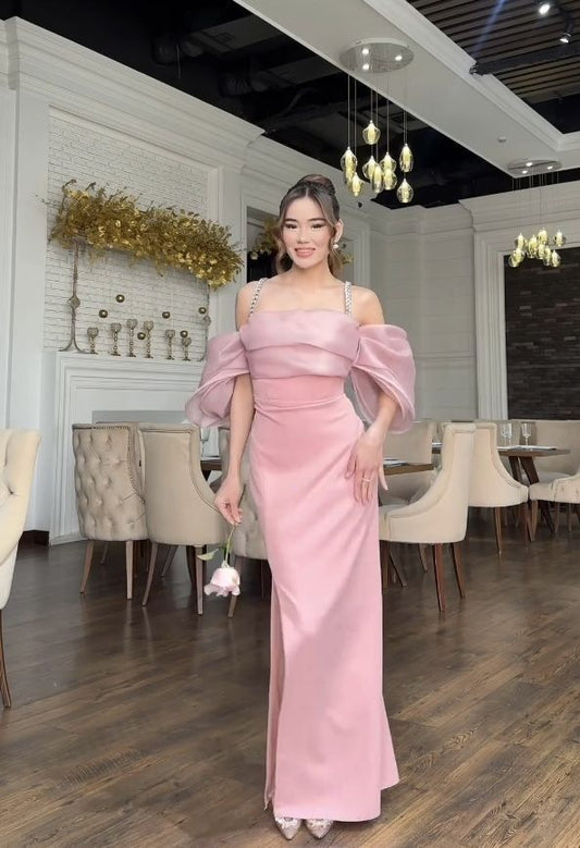 Pink Off-the-shoulder Mermaid Side Slit Satin Long Ball Gown TP1798