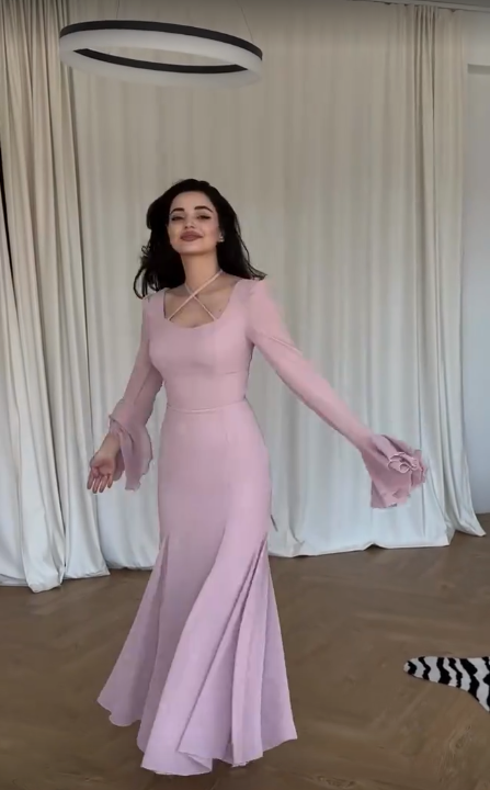 Pink Mermaid Long Sleeve Ruffle Maxi Ball Gown TP1799