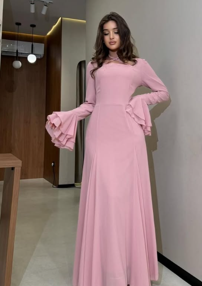 Pink Mermaid Long Sleeve Ruffle Maxi Ball Gown TP1799