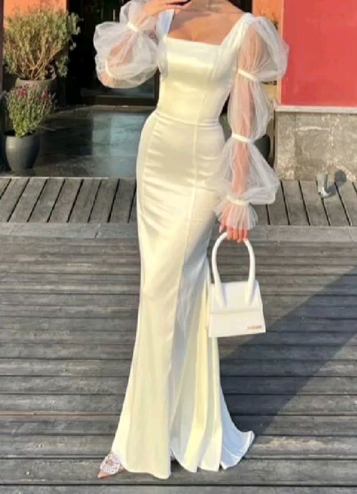 Fashion Ivory Mermaid Long Sleeves Satin Long Prom Dress Evening Dress TP1801