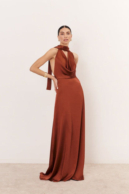 Brown Mermaid Off Shoulder Deep V Neck Satin Long Formal Gown Evening Dress TP1803