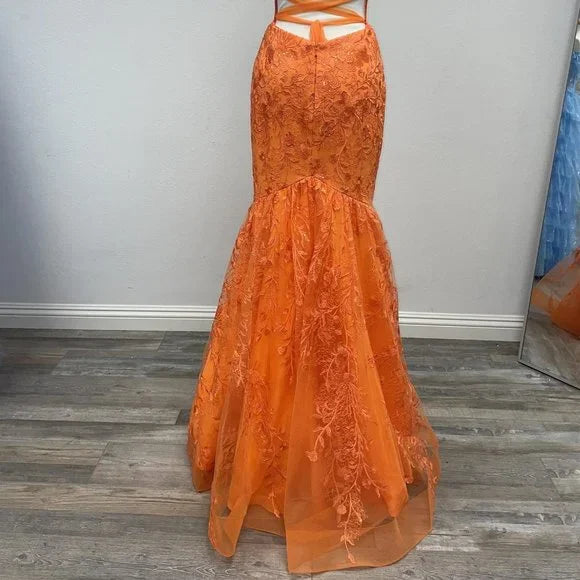 Long Orange Formal Sleeveless Lace Mermaid Gown TP1809
