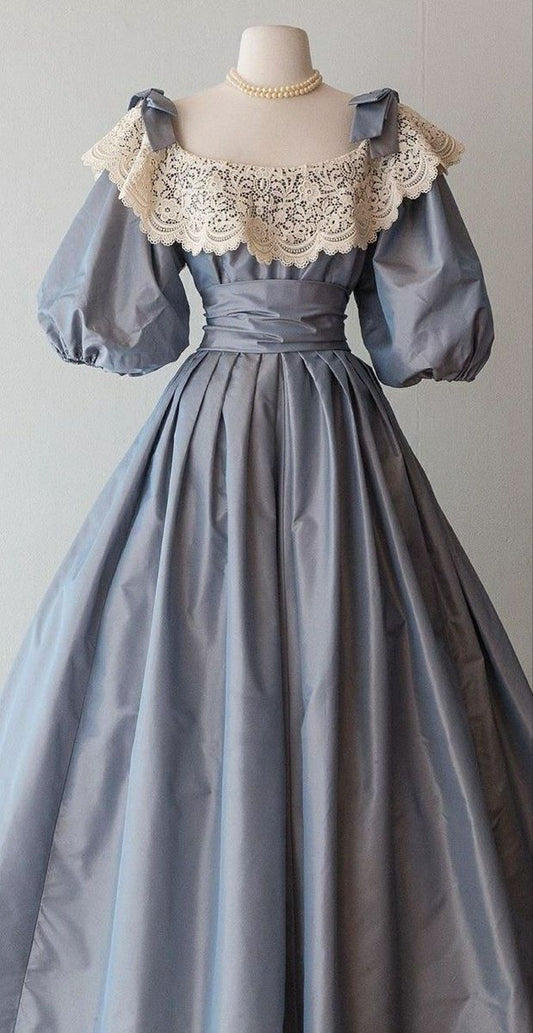 Vintage Blue A-Line Short Sleeve Long Prom Dress TP1815