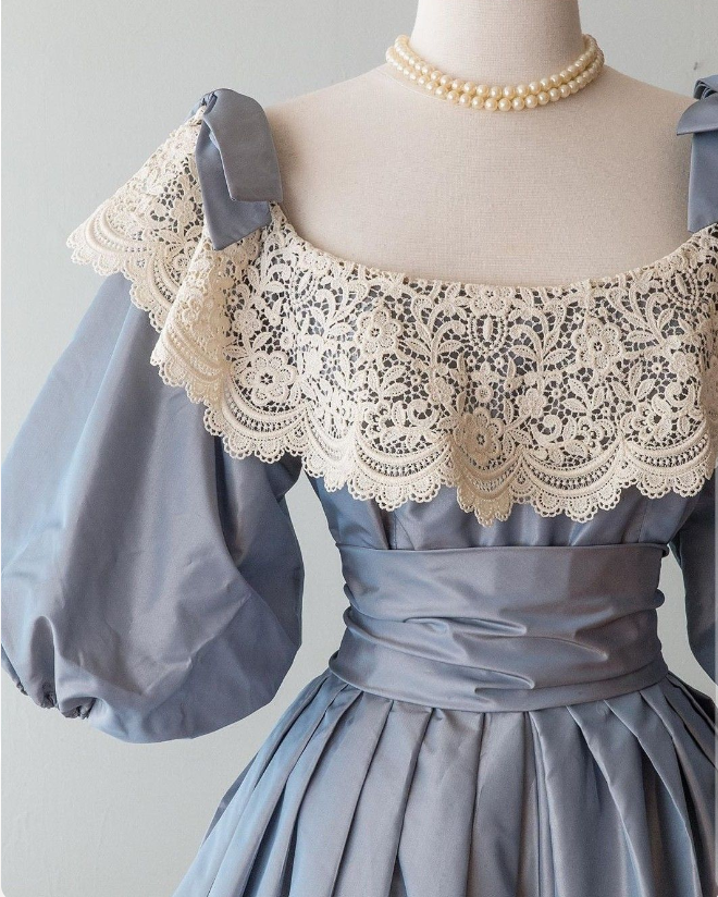 Vintage Blue A-Line Short Sleeve Long Prom Dress TP1815