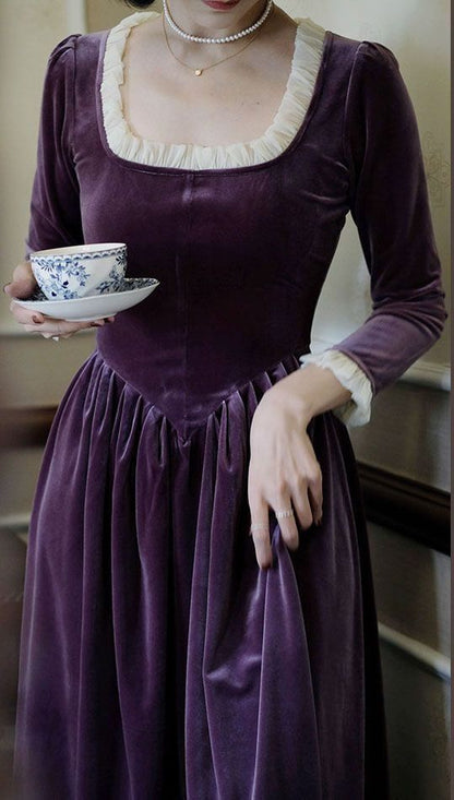 Elegant Purple Velvet A-Line Long Sleeve Maxi Dress TP1817