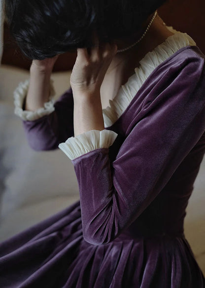 Elegant Purple Velvet A-Line Long Sleeve Maxi Dress TP1817