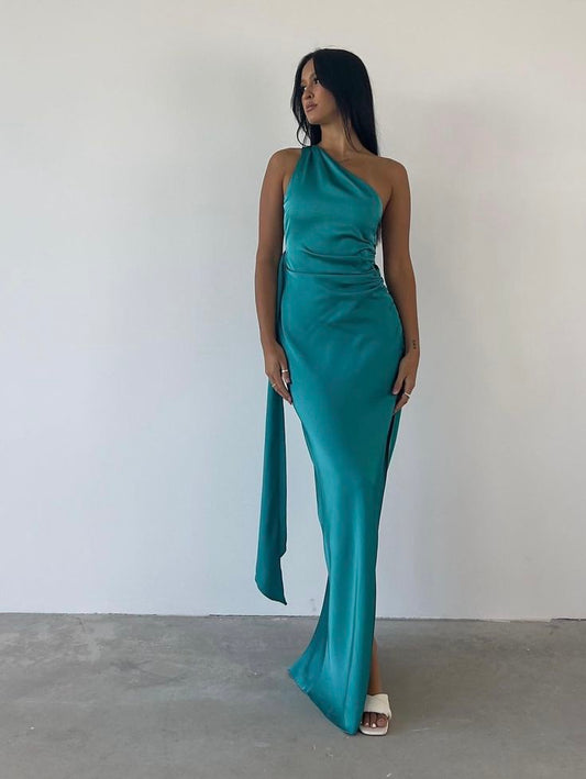 Simple Blue One Shoulder Mermaid Side Slit Satin Long Ball Gown Evening Dress TP1819