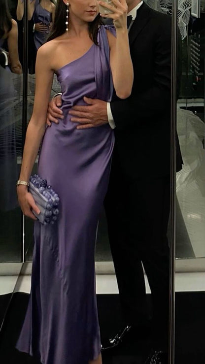 Elegant purple one-shoulder satin long evening dress TP1821