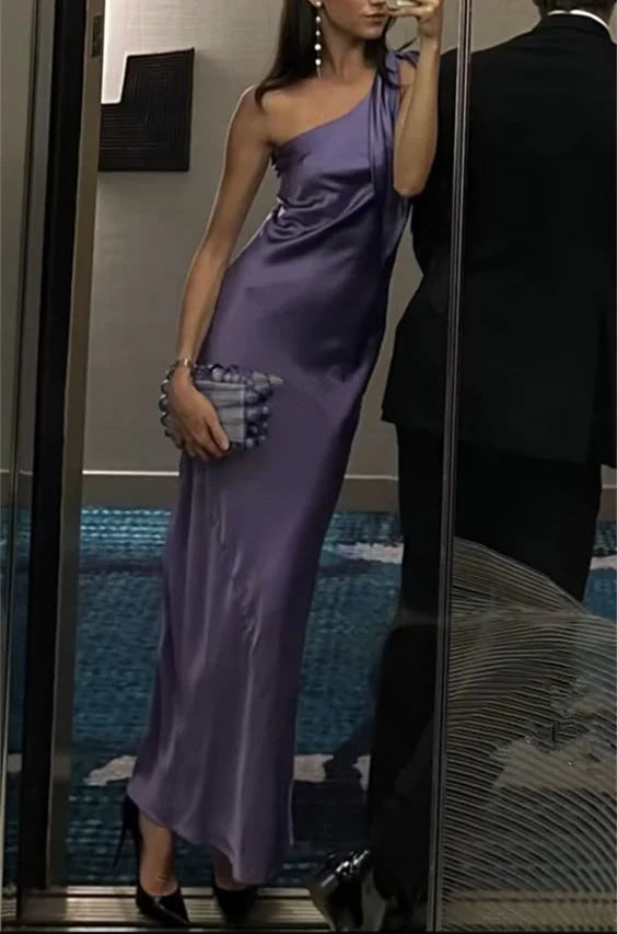 Elegant purple one-shoulder satin long evening dress TP1821