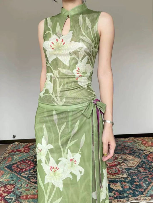 Elegant Green Sleeveless Lily Cheongsam Formal Dress TP1823
