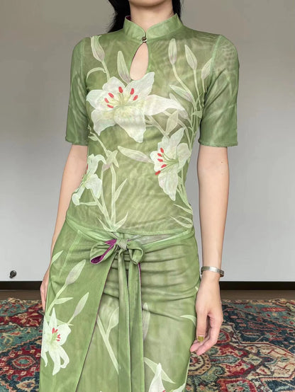 Elegant Green Sleeveless Lily Cheongsam Formal Dress TP1823