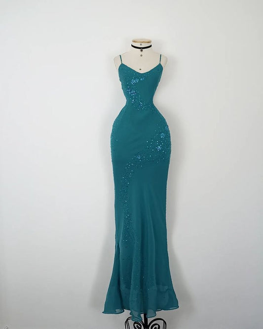 Blue mermaid sequined spaghetti strap long ball gown evening dress TP1829