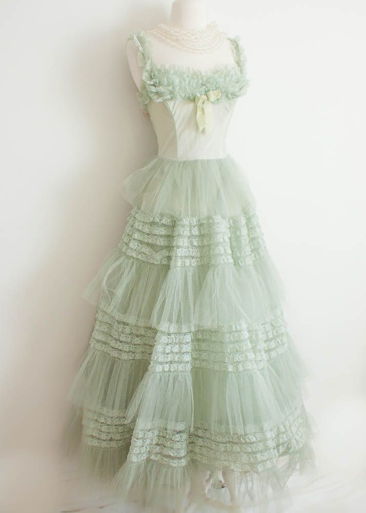 Green A-line strap lace trim tulle long ball gown TP1836