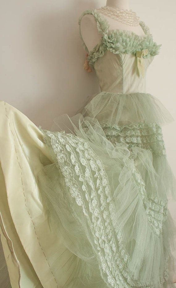 Green A-line strap lace trim tulle long ball gown TP1836