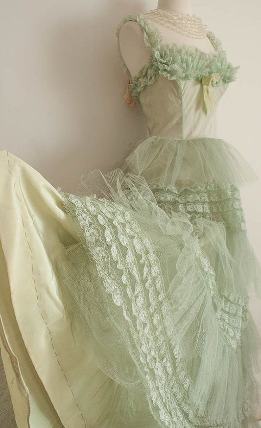 Green A-line strap lace trim tulle long ball gown TP1836