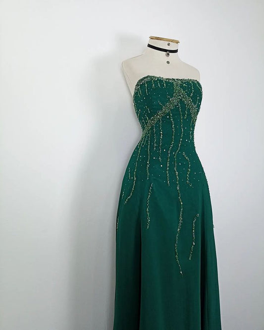 Green A-Line Strapless Sequined Satin Long Ball Gown Evening Dress TP1838
