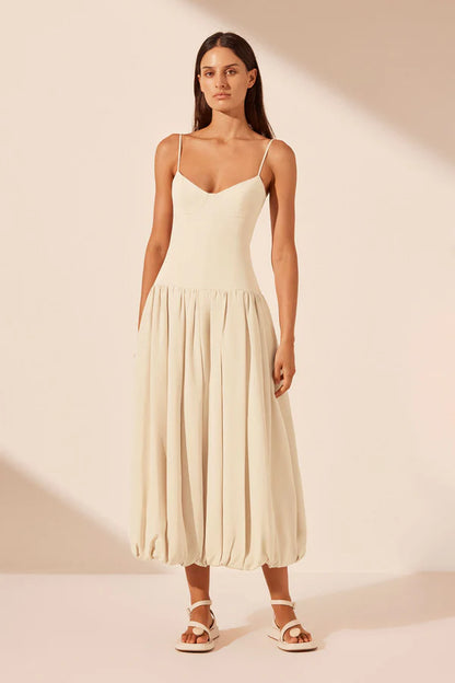 Beige Elegant Spaghetti Strap Midi Bubble Dress TP1842