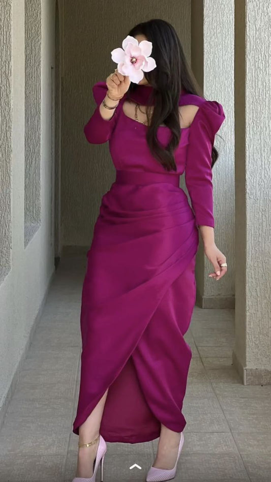 Chic Purple Mermaid Long Sleeve Satin Irregular Skirt Ball Gown TP1850