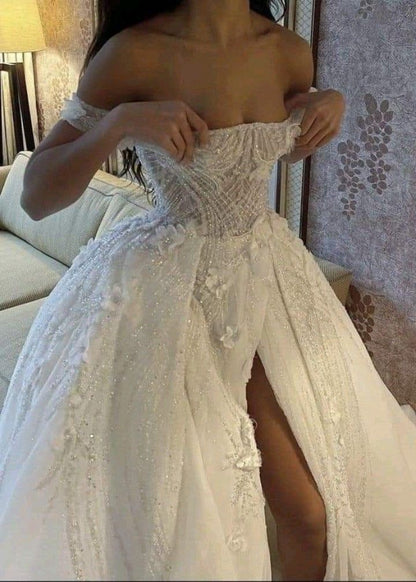 Elegant White Off Shoulder 3D Flower Front Slit Wedding Dress TP1851