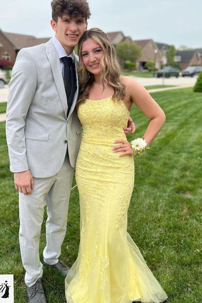 Cute Mermaid Yellow Spaghetti Strap Tulle Long Ball Gown TP1852