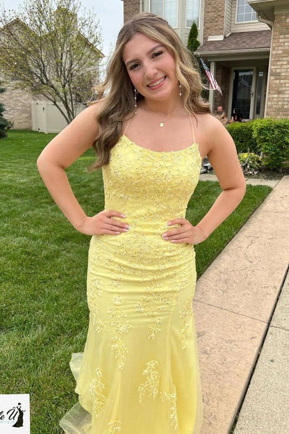 Cute Mermaid Yellow Spaghetti Strap Tulle Long Ball Gown TP1852