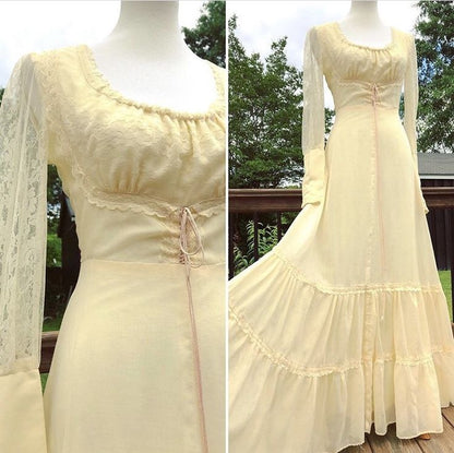 Pretty Yellow Square Neck Long Sleeve Lace Ball Gown Evening Dress TP1854
