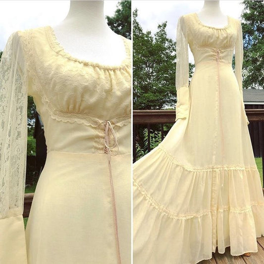 Pretty Yellow Square Neck Long Sleeve Lace Ball Gown Evening Dress TP1854