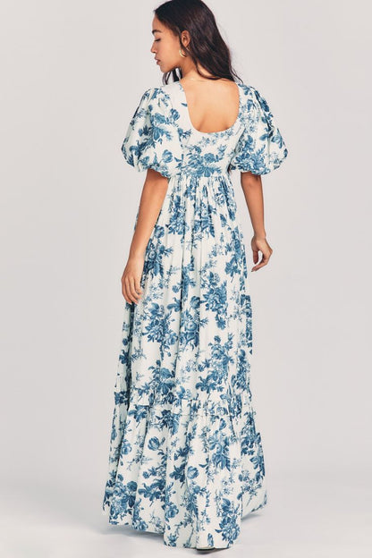 Blue A-line floral puff sleeves short-sleeved floor-length dress TP1857