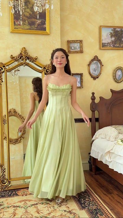Green A-line spaghetti strap tulle ball gown evening dress TP1863