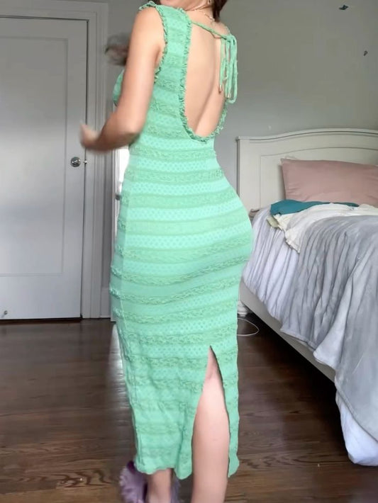 Sexy and Chic Green Skinny Strap Backless Ankle-Length Dress TP1868