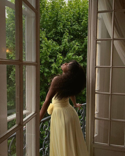 Chic Yellow Tulle Strapless 3D Flower High Slit Tulle Ball Gown Evening Dress TP1869