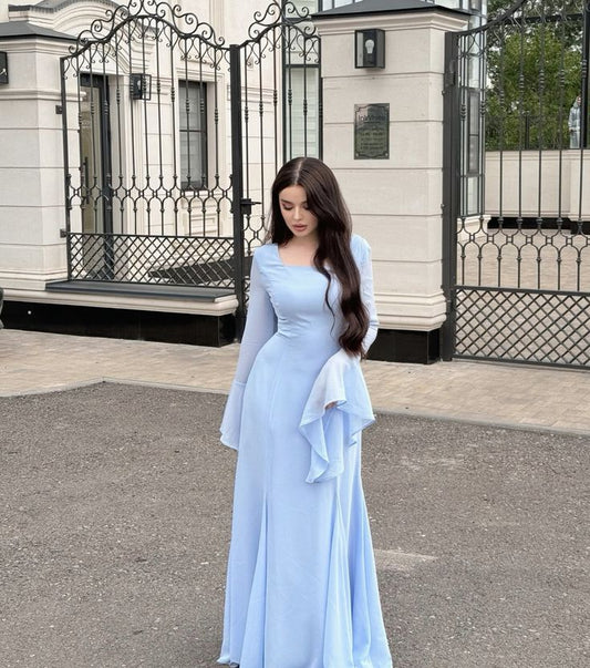 Simple Blue Square Neck Long Sleeve A-Line Formal Prom Dress Evening Gown TP1871