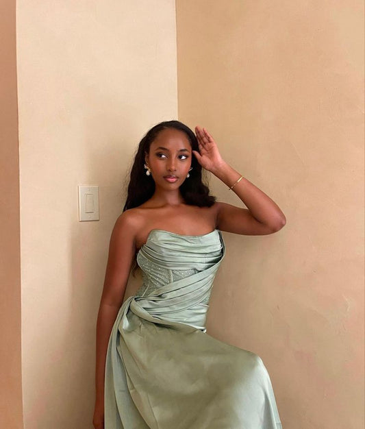 Green A-line satin high slit strapless ball gown evening dress TP1872