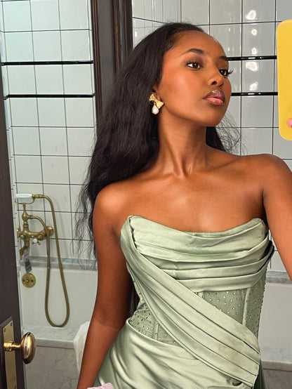 Green A-line satin high slit strapless ball gown evening dress TP1872
