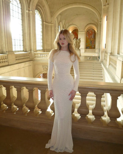 Simple White Mermaid Long Sleeve Shiny Formal Long Prom Gown Evening Dress TP1877